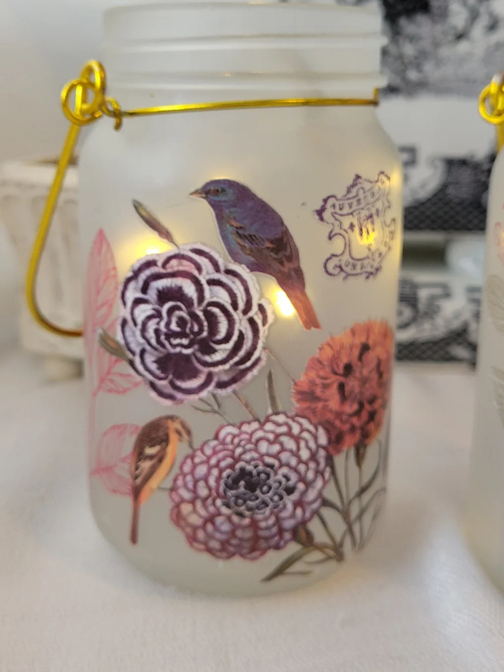 Frosted Glass Jar Fairy Light Holders with Flowers